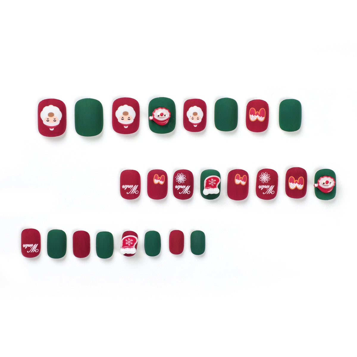 Santa Nails in Red and Green | Festive Press On Tips with Snowflake Accents | Short Square Shape for Holiday Parties
