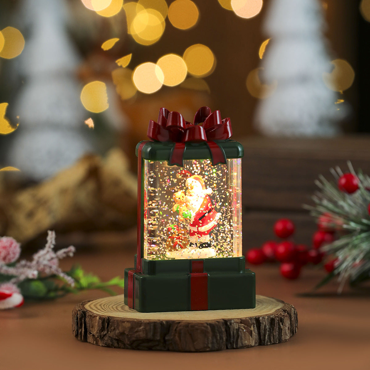 Gift Box Shaped Christmas Decorations with a Santa Scene | Shake for Swirling Snowflakes | Warm LED Light in Red, Green or White