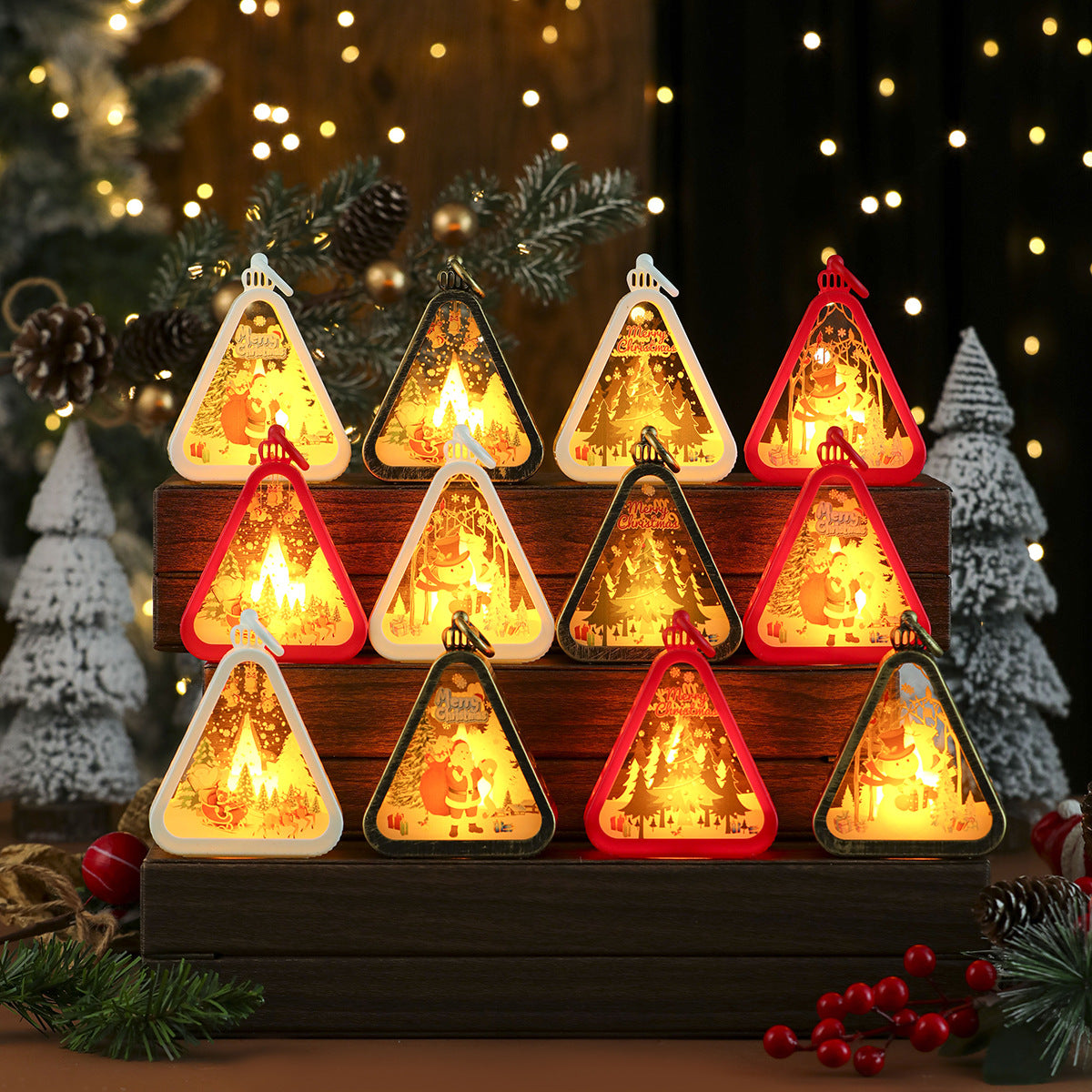 Tree Shaped Christmas Decorations with Santa and a Snowy Scene | Hanging Light Box with On Off Switch | Warm Glow for Indoor Use
