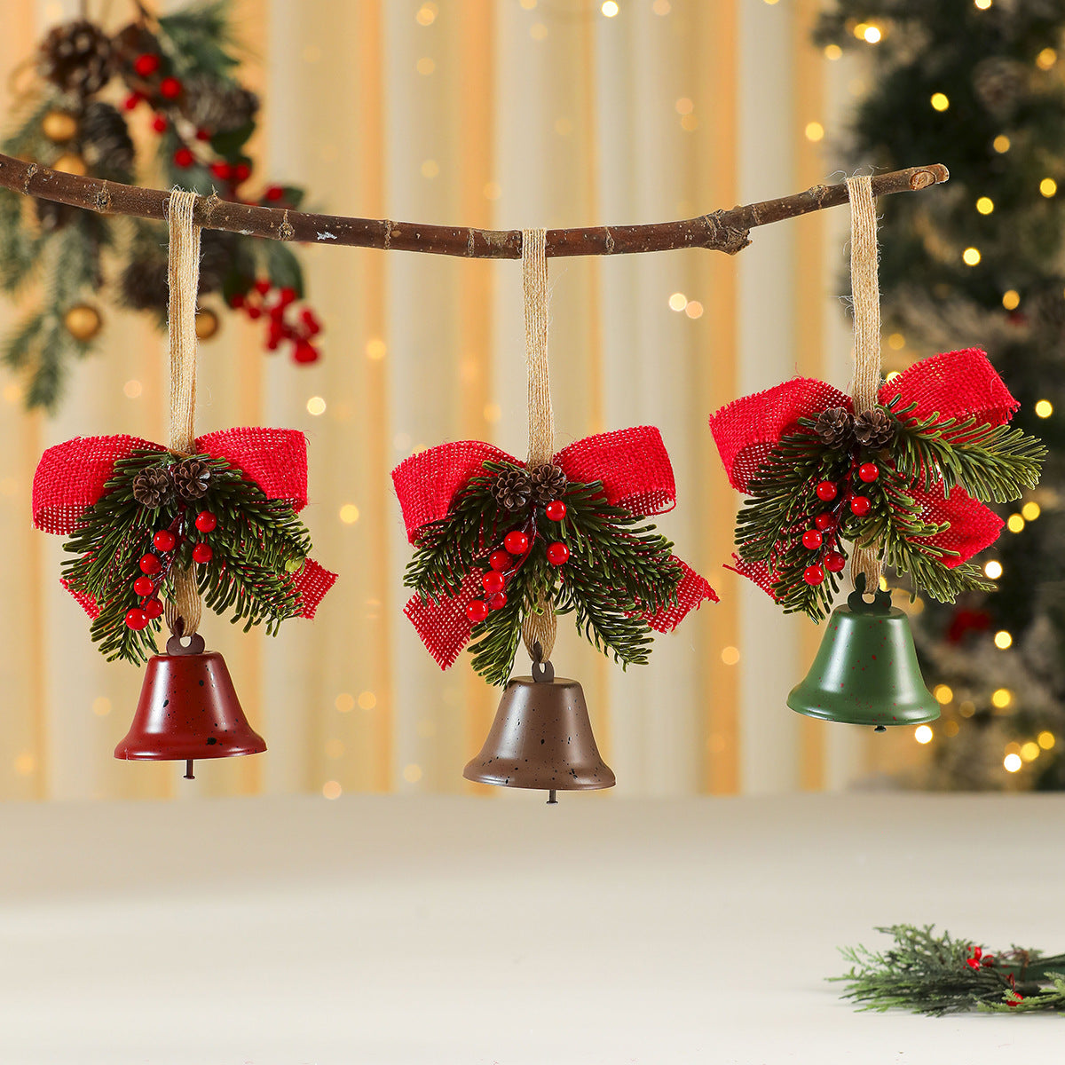 Christmas Ornaments with Bell, Red Bow and Faux Greenery Accent | Sturdy Cord for Tree or Door Hanging | Four Classic Colorways