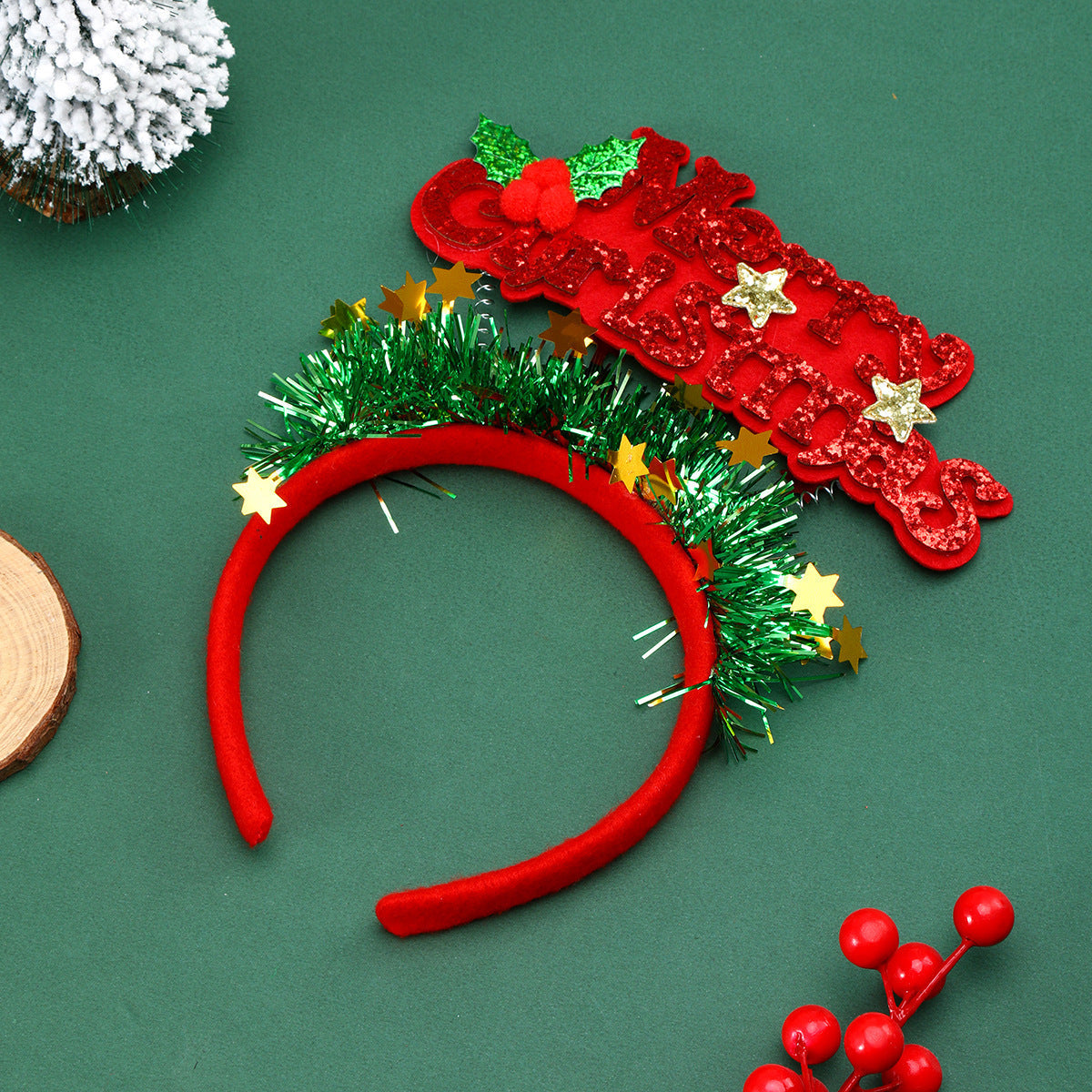 Christmas Headband with a Greeting Sign and Glitter Tinsel | Flexible Soft Band for a Snug Fit | Festive Party Accessories, 3 Designs