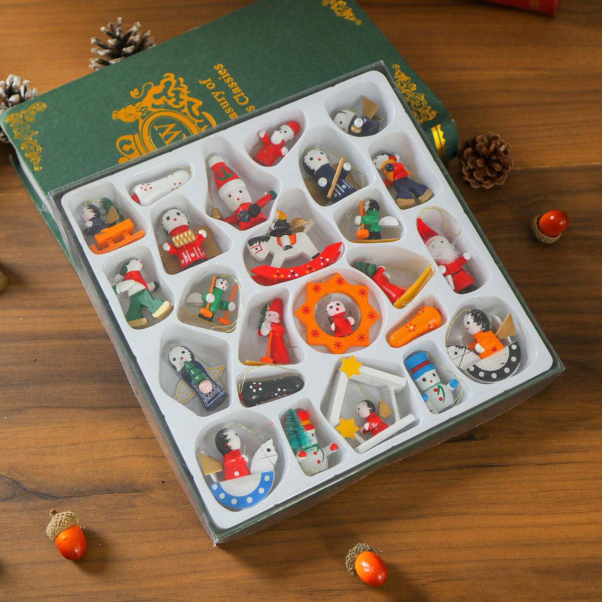 Mini Train Christmas Ornaments in a Gift Box | Bright Colors for Mantel and Tabletop Display | Seven Festive Design Sets