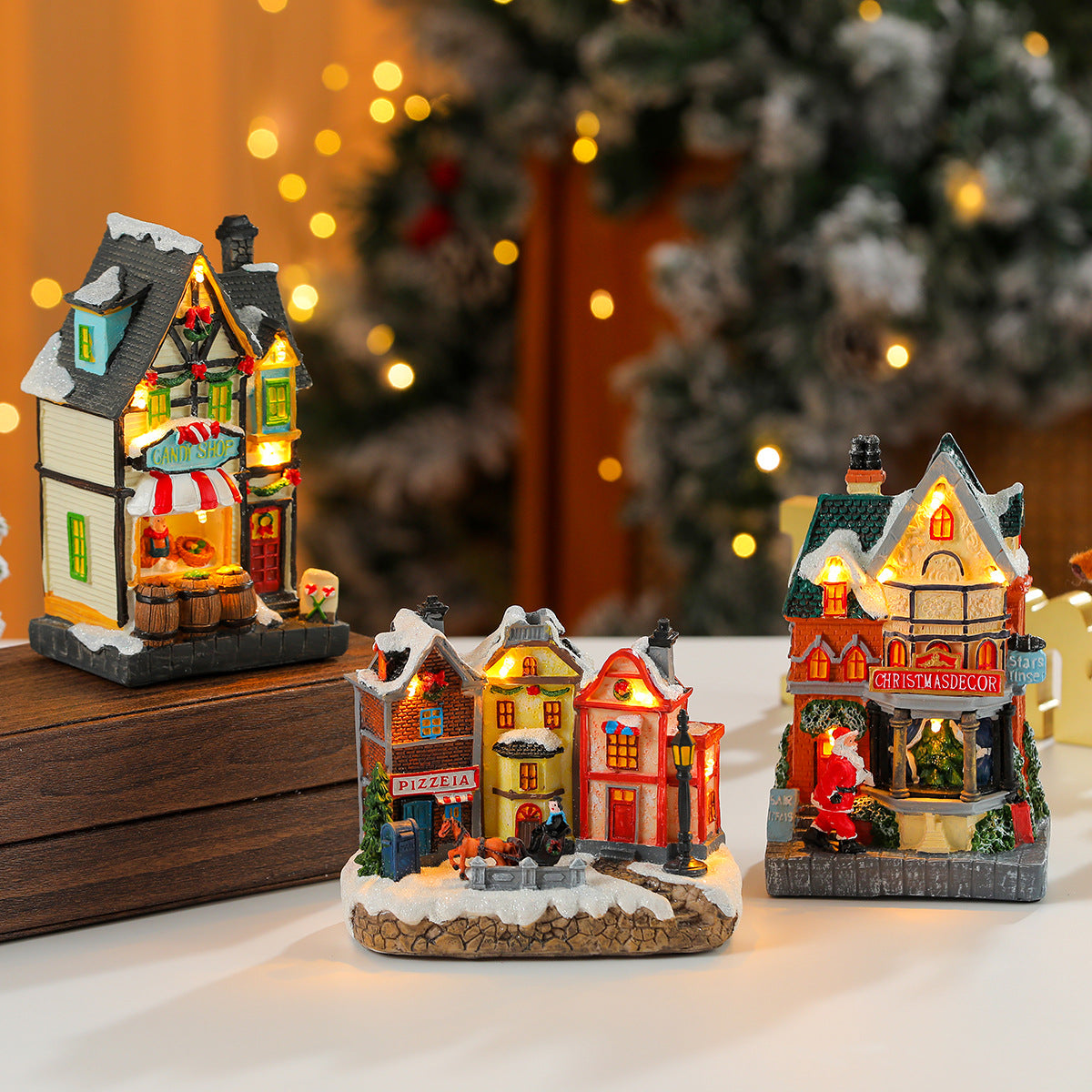 Christmas Village Houses with LED Lights | Hand Painted Resin Shop Scene | Battery Operated Winter Display