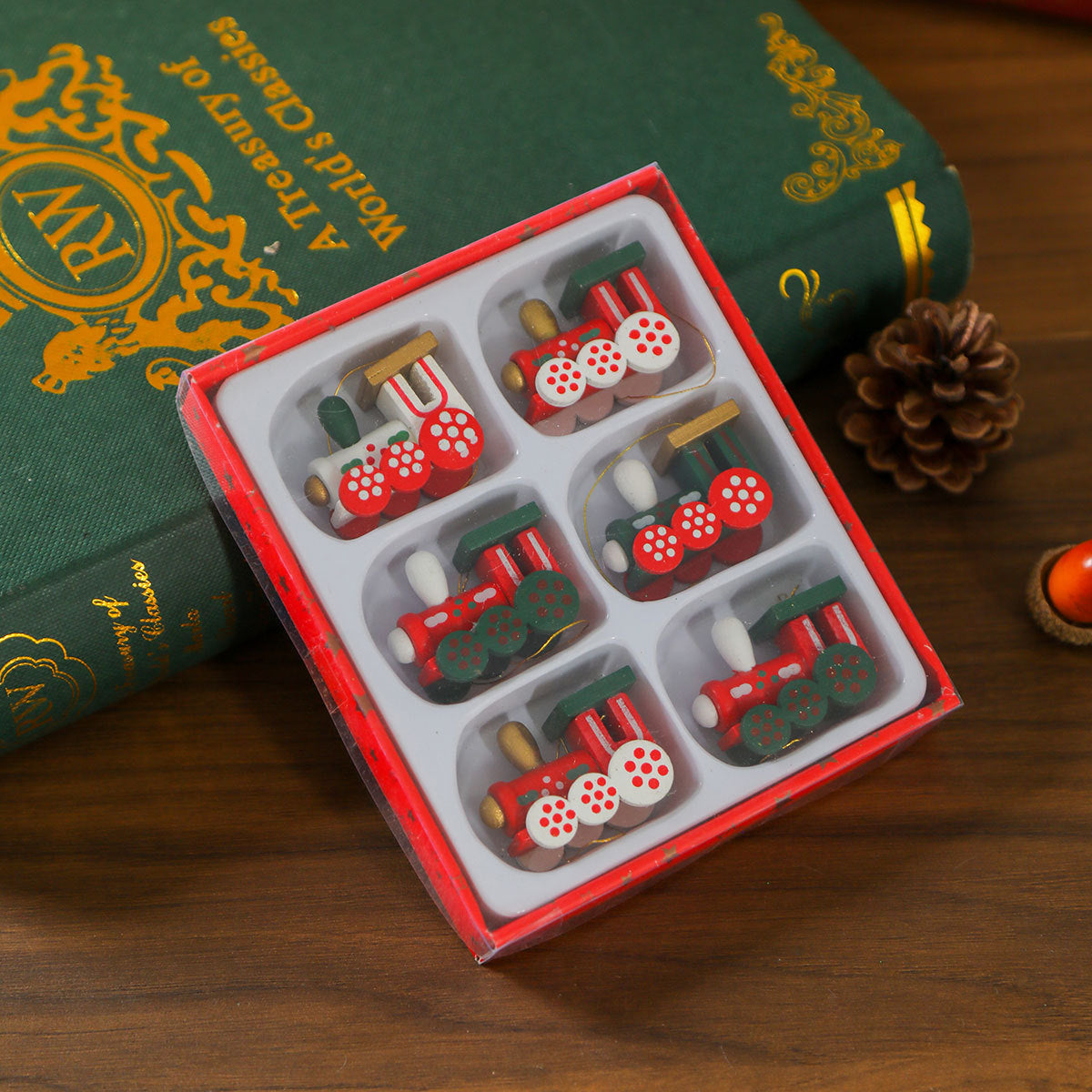 Mini Train Christmas Ornaments in a Gift Box | Bright Colors for Mantel and Tabletop Display | Seven Festive Design Sets