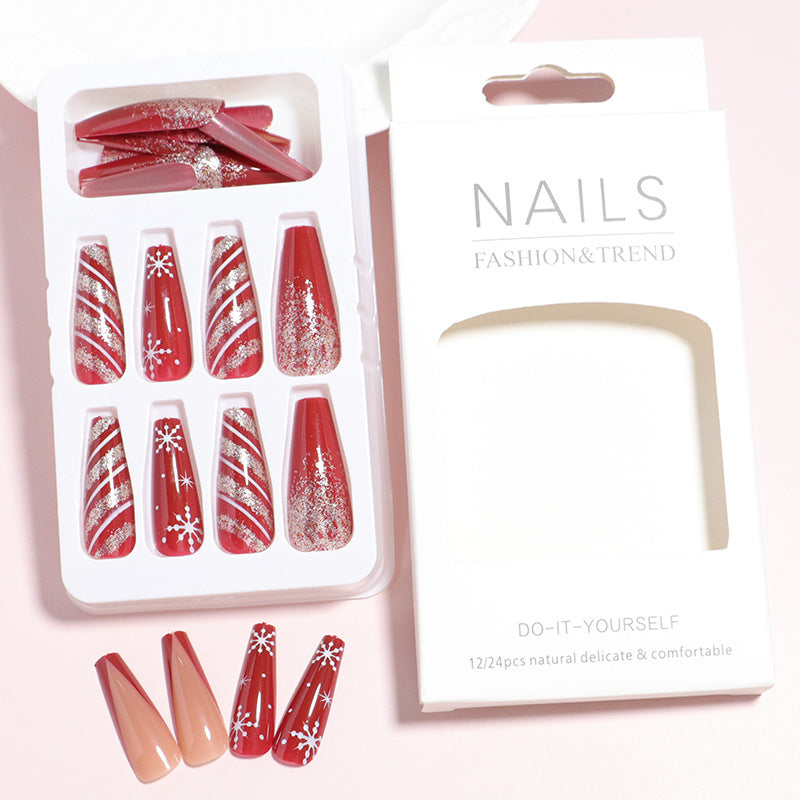 Adhesive Press On Nails with Red Snowflake Design | Glue Free Application Strips | Scratch Resistant Coffin Tips