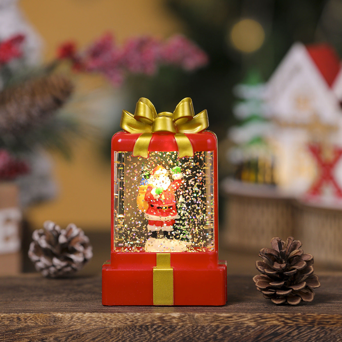 Gift Box Shaped Christmas Decorations with a Santa Scene | Shake for Swirling Snowflakes | Warm LED Light in Red, Green or White