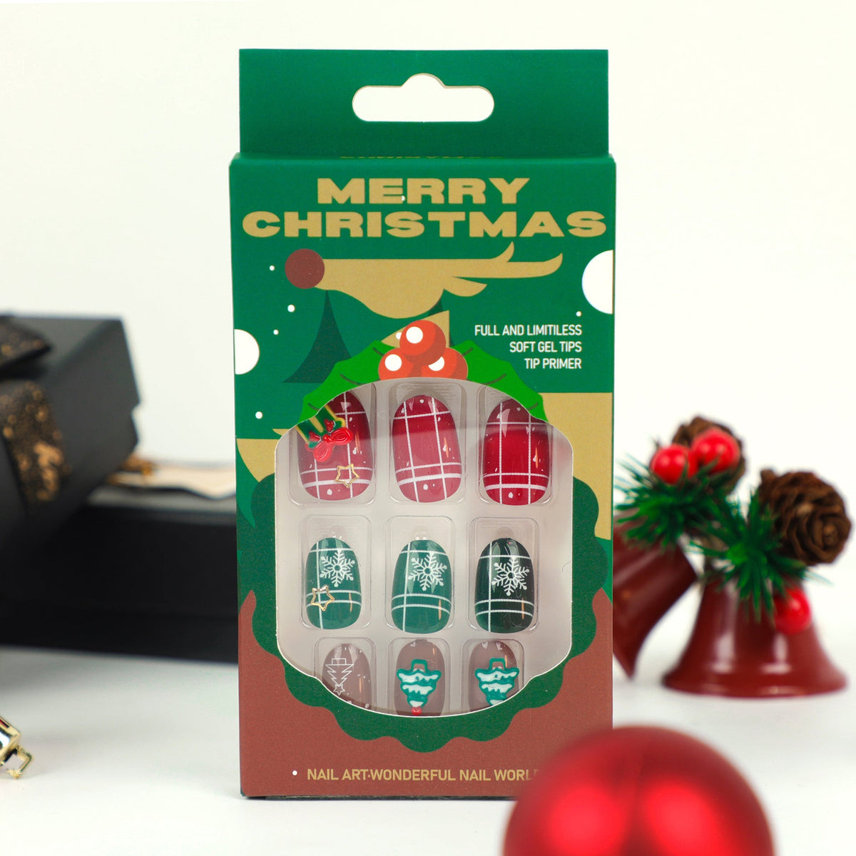 Christmas Plaid Nails with Tree and Gift Art | Short Round Press On Tips | Red, Green and Taupe Festive Shades