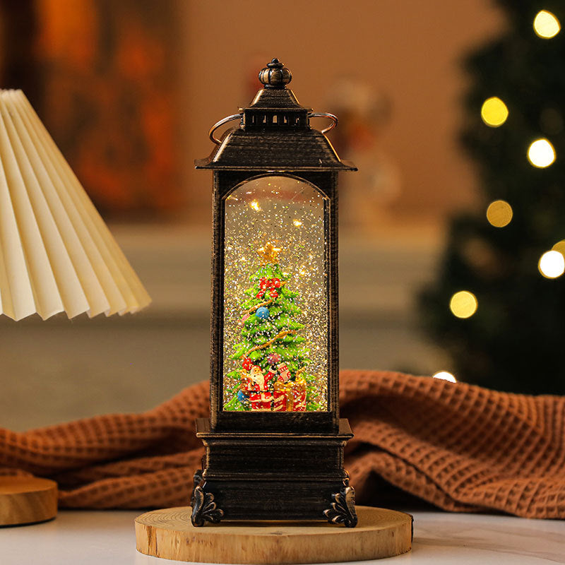 LED Lantern with a Santa Figurine Holding a Fir Tree | Shimmering Glitter Around the Scene | Warm Christmas Tabletop Light