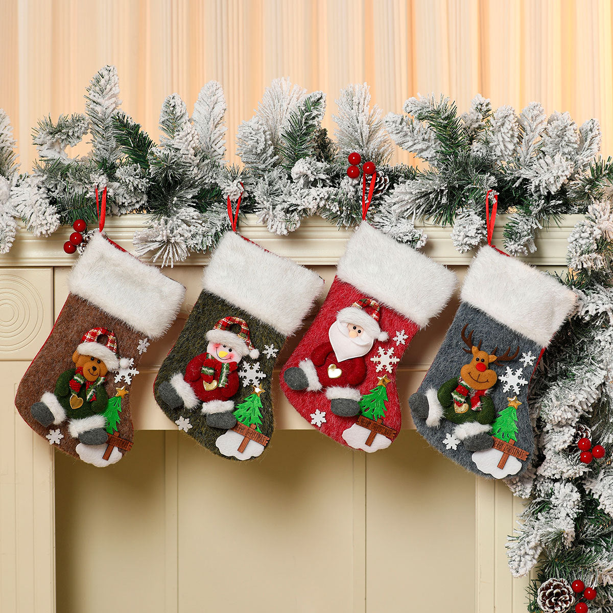 Christmas Stocking with a Snowman and Tree Motif | Soft Durable Fabric with a Roomy Opening | Fireplace Decorations, 4 Designs