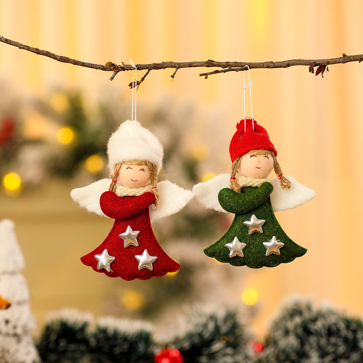Felt Christmas Angel Ornaments with Red Hat, Wings and Star Details | Hanging String Included | Twenty Designs for Tree or Gift Wrap