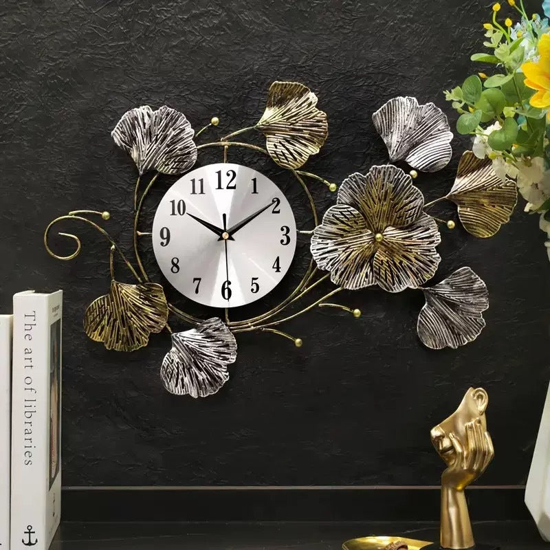 Floral Wall Clock Sculpture in Shaded Metal | Fanned Petals Around a Silver Dial | 21.65 x 13.77 in, Two Finishes
