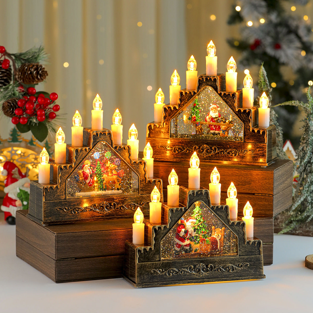 Candle Arch with Warm Christmas Lights | Lit Santa and Tree Scene | Wooden Mantel Centerpiece for Holiday Tables