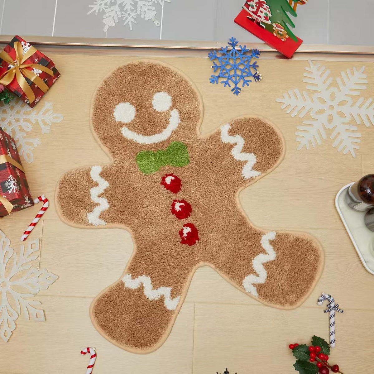 Christmas Tree Shaped Rug with Candy Cane and Snowflake Print | Soft Fibers Underfoot | Living Room and Entryway Mat