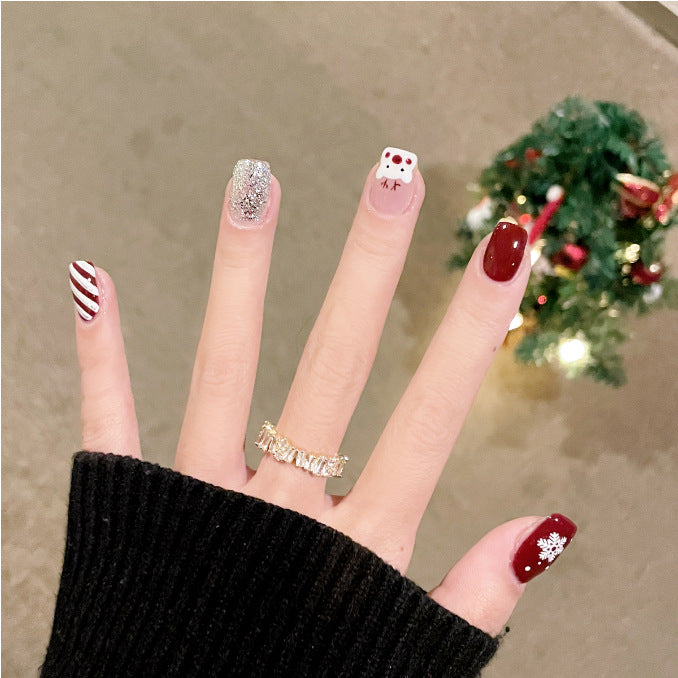 Snowman Christmas Nails with Glitter Tree Designs | Festive Press On Nail Art | Easy Home Manicure for Winter Parties