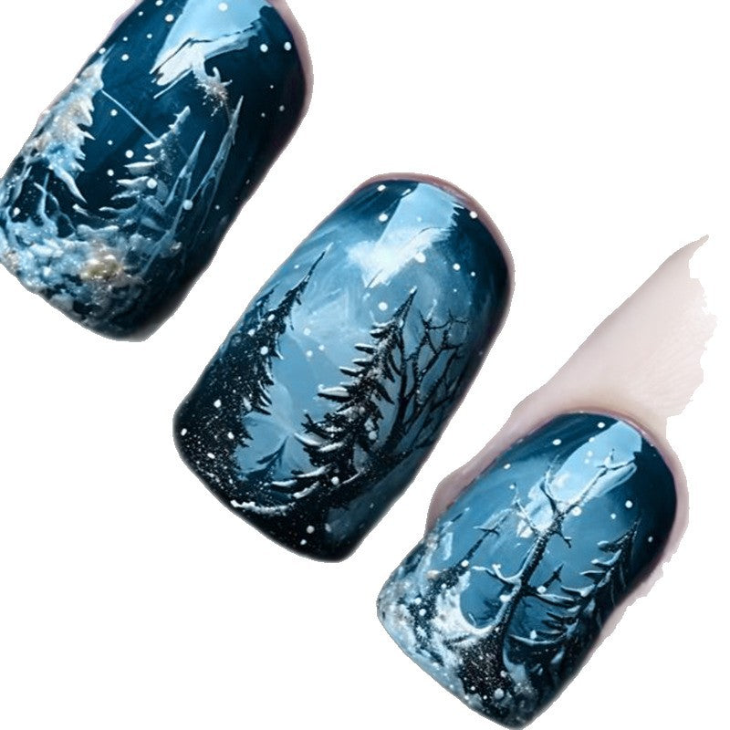 Winter Wonderland Press-On Nails with Frosted Tree Scenes | Falling Snowflake Art in Deep Blue | Durable Acrylic Set