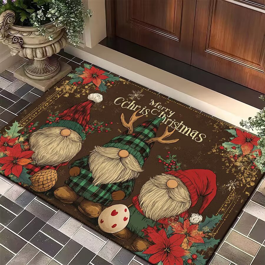 Christmas Door Mat with Santa, Reindeer and Ornaments | Festive Xmas Welcome Rug for the Porch | Holiday Entrance Decor