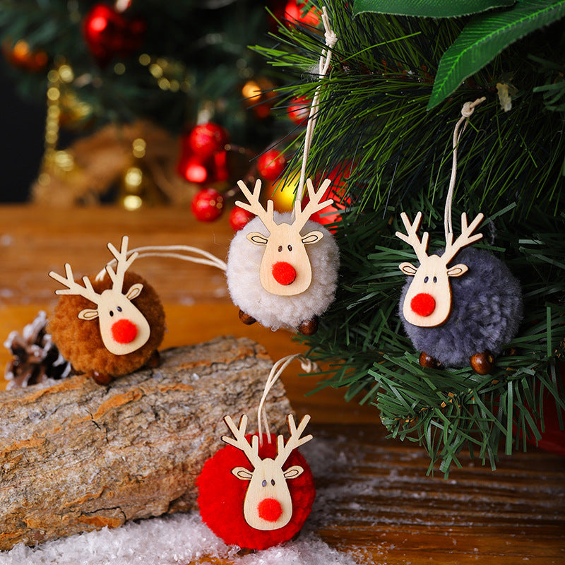 Reindeer Ornaments with a Pompom Body and Wood Antlers | Brown, White, Red or Grey | Christmas Decorations to Hang