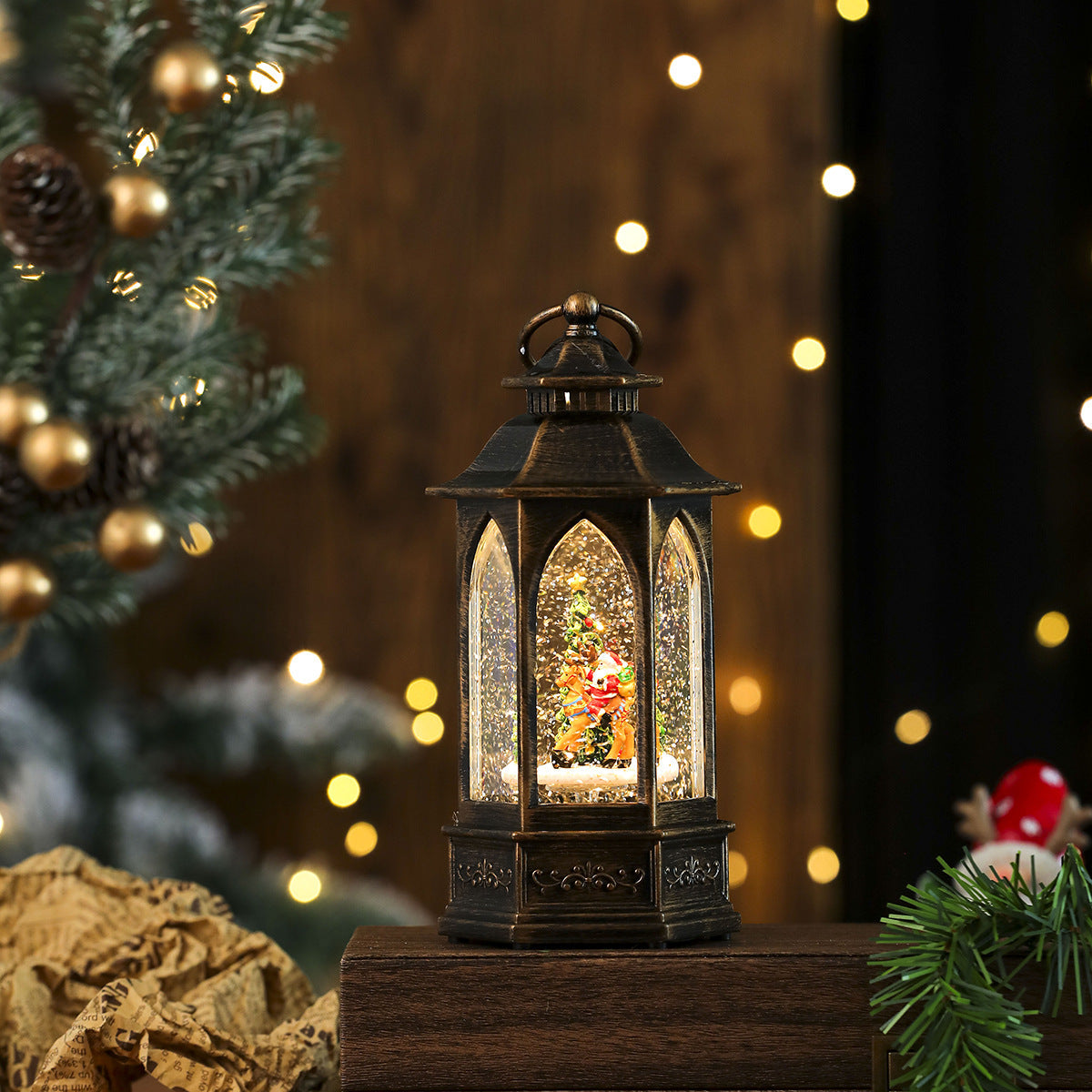 Battery Operated Christmas Lights in a Glitter Filled Lantern | Santa and Snowman Scenes Inside | Warm Cordless Tabletop Decor