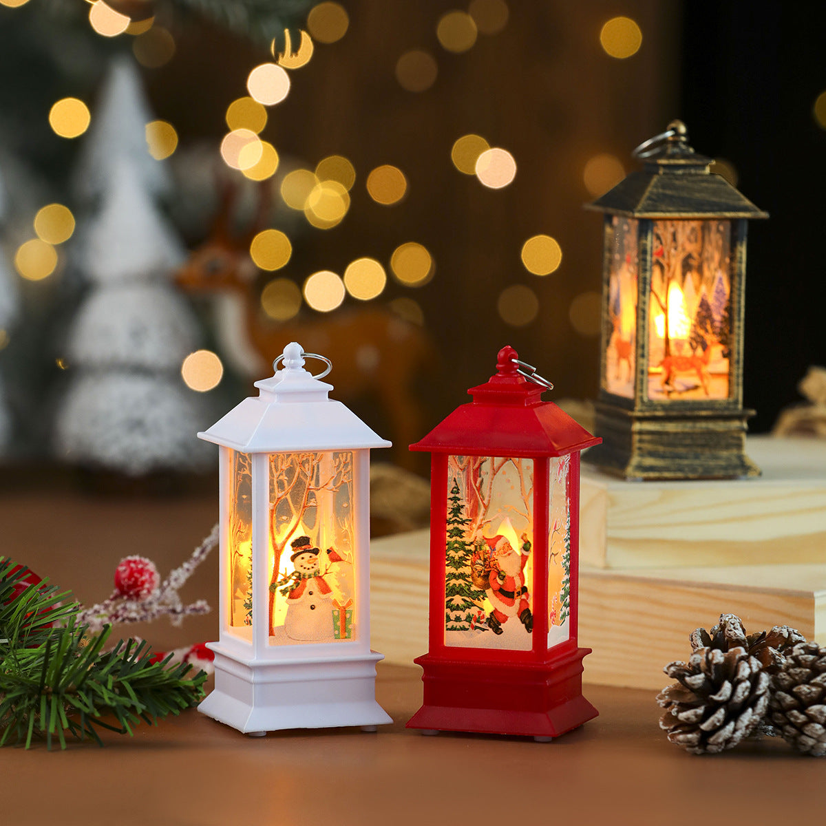 Snowman Scene Christmas Decorations in a Small Flame Lantern | Glittering Trees Around the Figure | Soft Glow for Tabletops