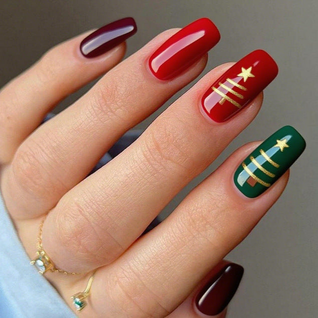 Red and Green Christmas Nails with Gold Star Art | High Gloss Salon Finish | Chip Resistant Set for the Whole Season