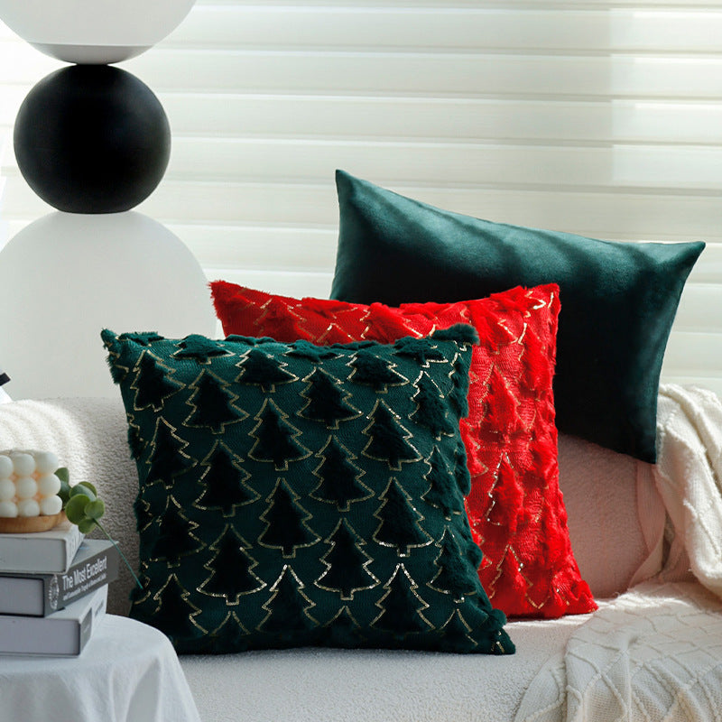 Christmas Pillow Cover with a Tufted Tree Applique | Faux Fur Feel and Sequin Trim | Zipper Close, Decorations for Sofa