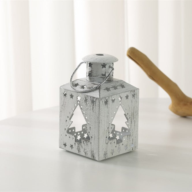 Square Tea Light Lantern with Christmas Tree Cutouts | Distressed Xmas Candle Holder for Mantel | Festive Star Design