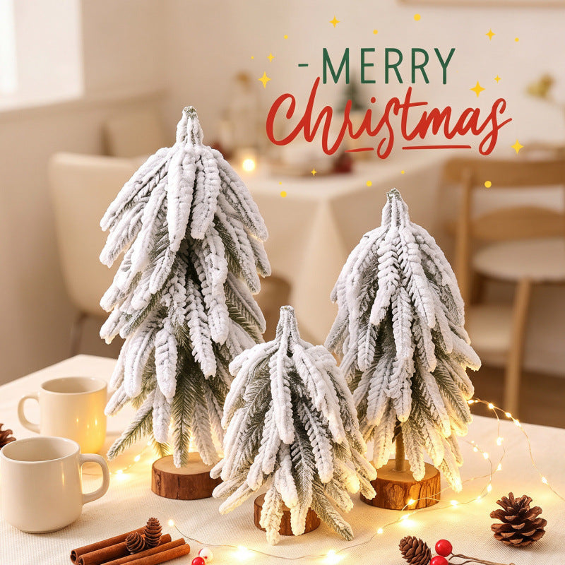 Flocked Christmas Tree Miniatures with Realistic Snowy Branches | Sturdy Wooden Bases | Soft LED Glow for Evening Displays