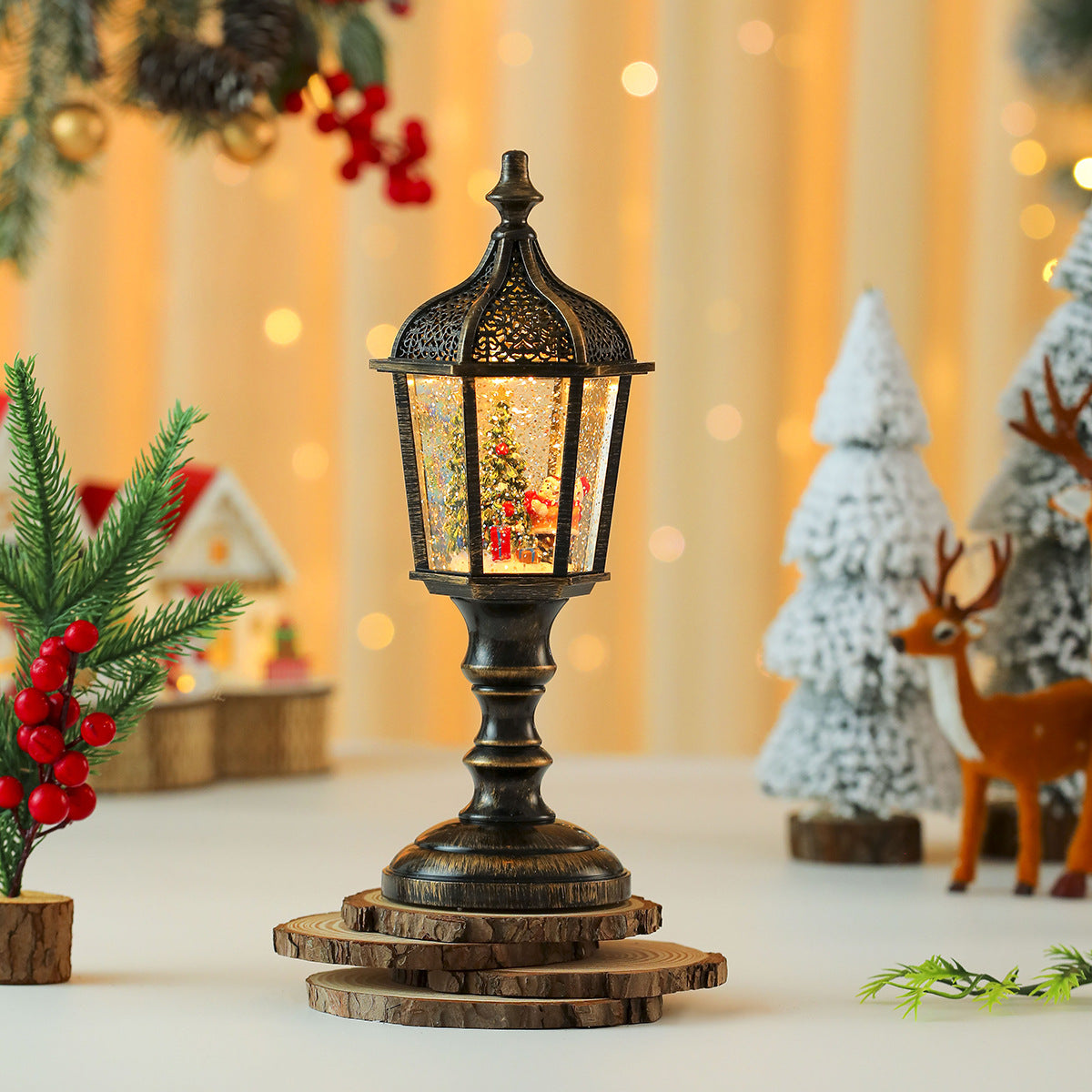 Street Lamp Style Christmas Lanterns with a Santa Scene | Detailed Winter Landscape Inside | Lightweight and Easy to Move