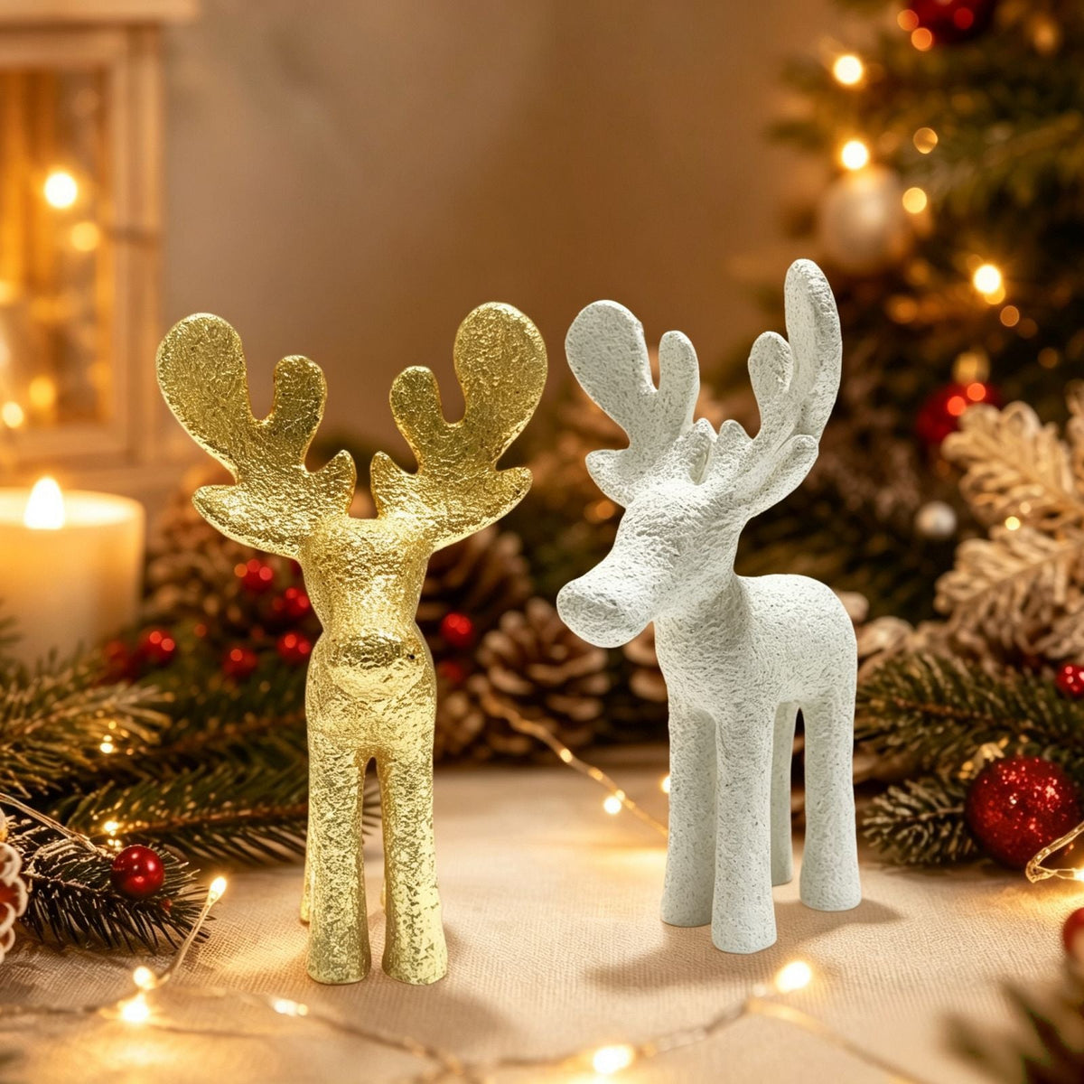 Reindeer Figurine in Resin, 19.5 cm Tall | Christmas Deer Decor for Holiday Tables | Festive Xmas Sculpture in White or Gold