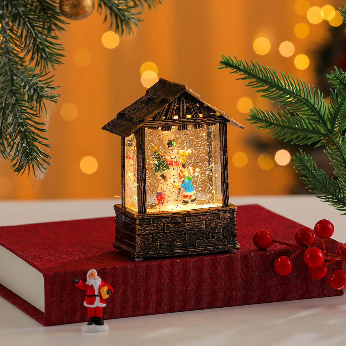 Wooden Lantern with Soft Christmas Lights | Lit Santa Scene and Snowflake Detail | Easy On Off Switch for Tabletop Decor