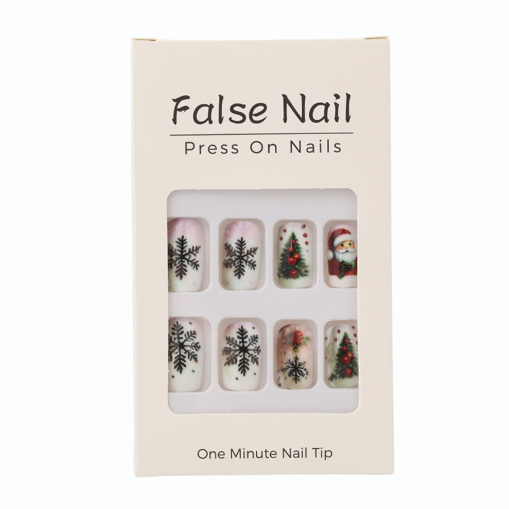 Festive Nails with Christmas Trees and Snowflakes | Press On Nail Set in White | Xmas Manicure for Family Photos