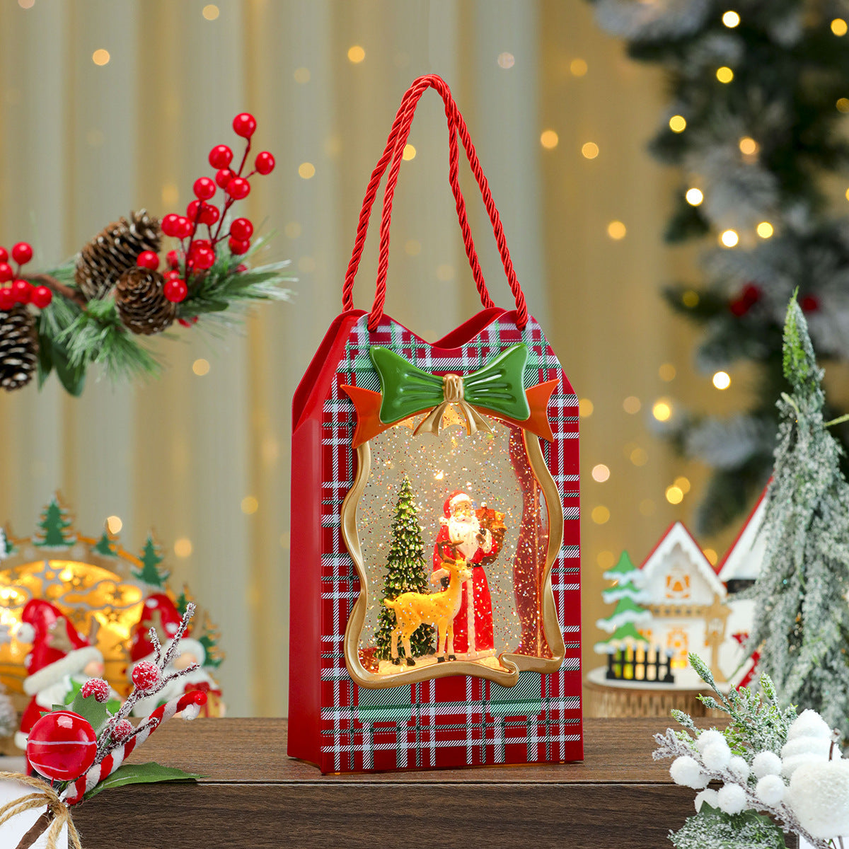 Christmas Gift Bag with a Santa Window Scene | Sturdy Paper with Twisted Handles and Glitter Trim | Doubles as Table Decorations