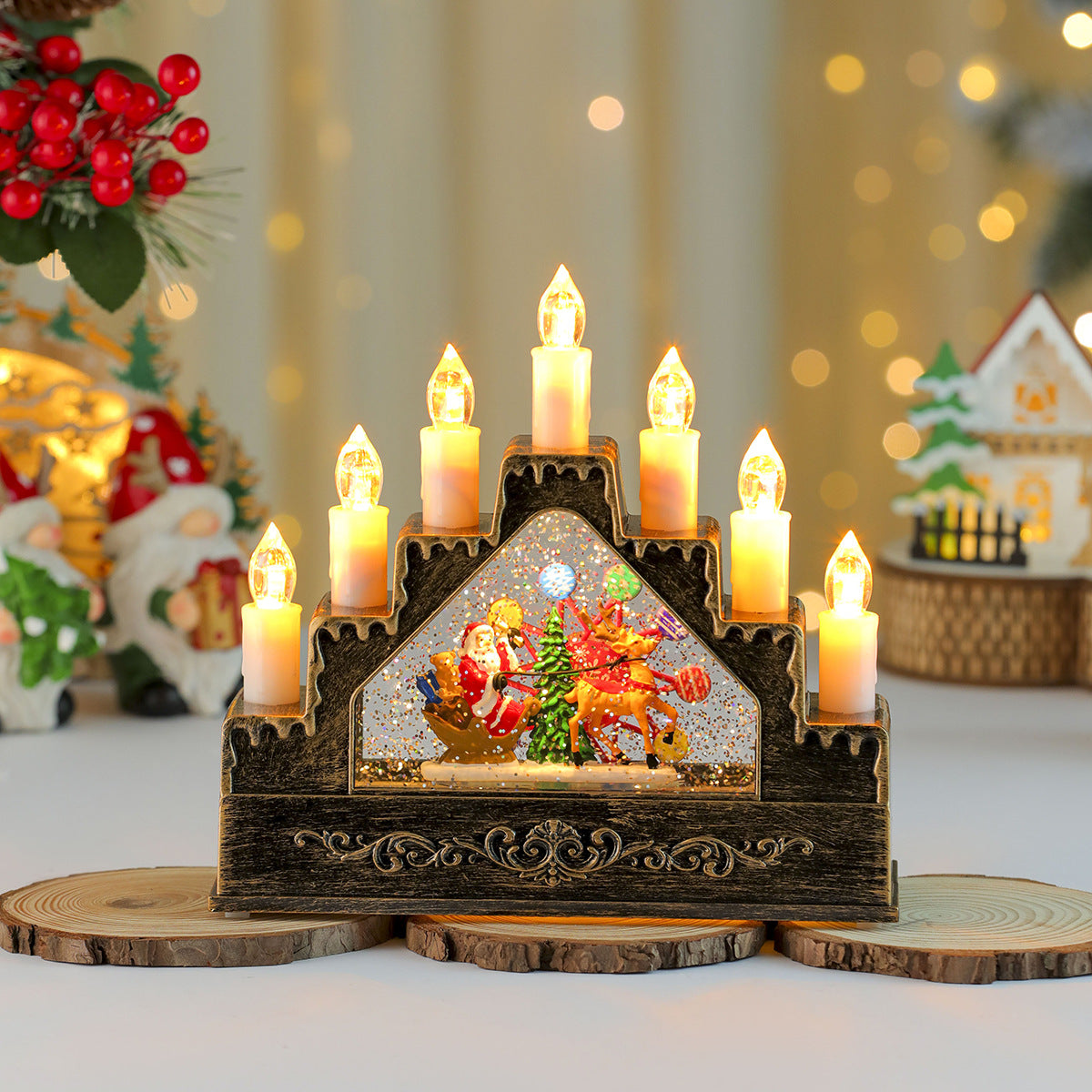 Candle Arch with Warm Christmas Lights | Lit Santa and Tree Scene | Wooden Mantel Centerpiece for Holiday Tables