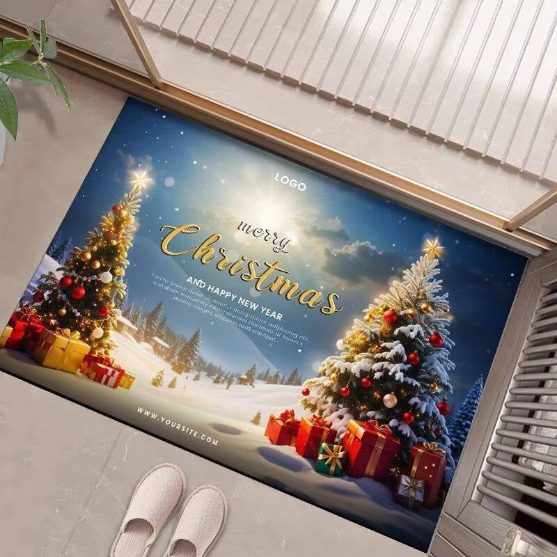 Christmas Door Mat with Merry Santa and Gift Print | Durable Fibers, Strong Underfoot Grip | Indoor Outdoor Entryway Decor