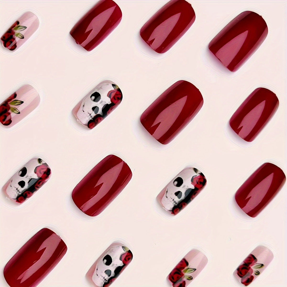 Halloween Skull Floral Press-On Nails | Available in Deep Red | Glue-Free Application in Minutes for Parties and Nights Out