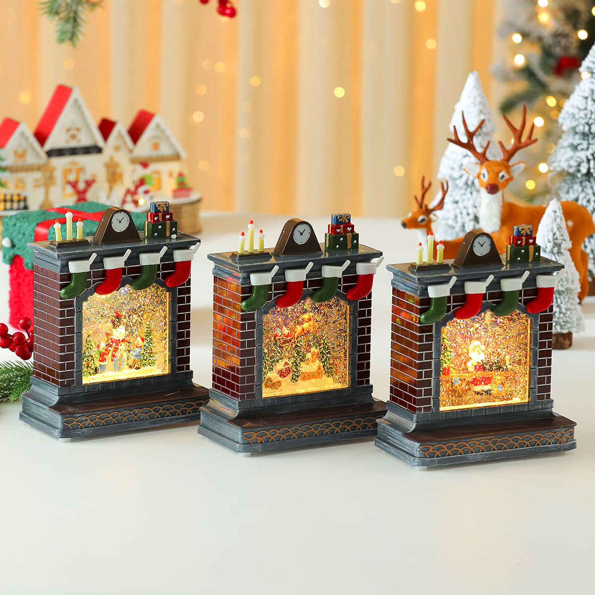 Fireplace Decoration with Christmas Lights | Stockings and Clock Detail | On Off Switch for Mantel or Shelf Display