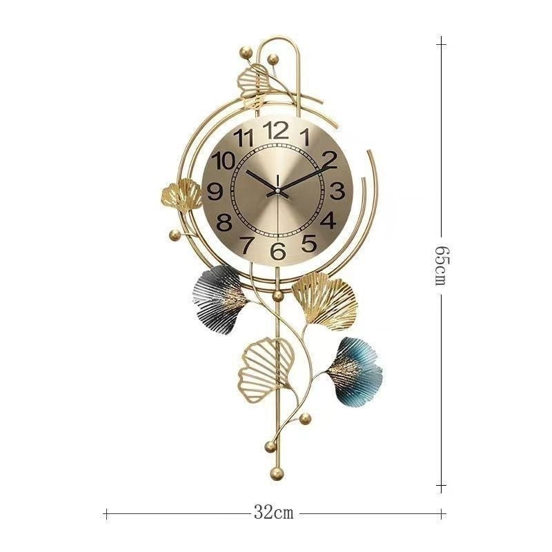 Ginkgo Leaf Wall Clock in Gold and Teal Metal | Large Dial, Clear Numbers, 13 x 26 in | Mounting Bracket Included