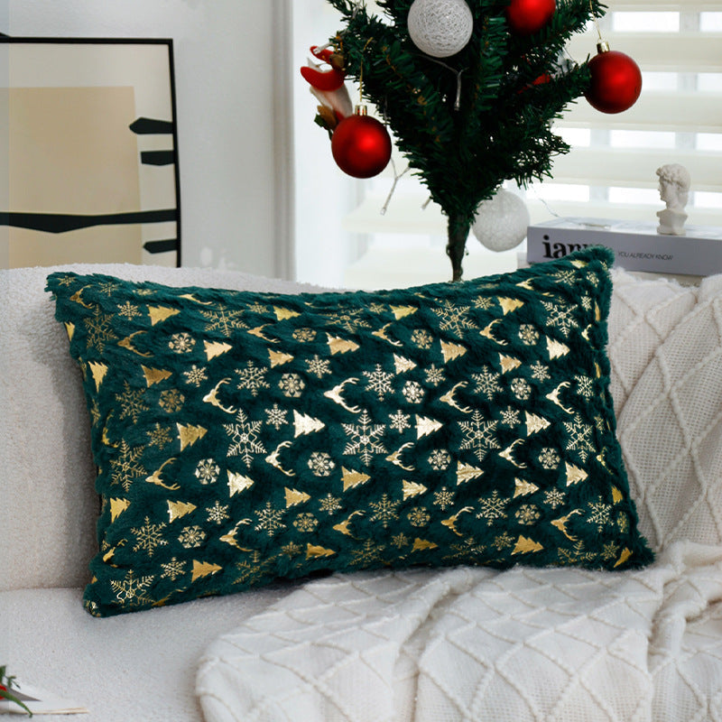 Gold Christmas Pillow Cover with Tree and Reindeer Print | Square Velvet Look Fabric, Hidden Zipper | Eight Designs in Three Sizes