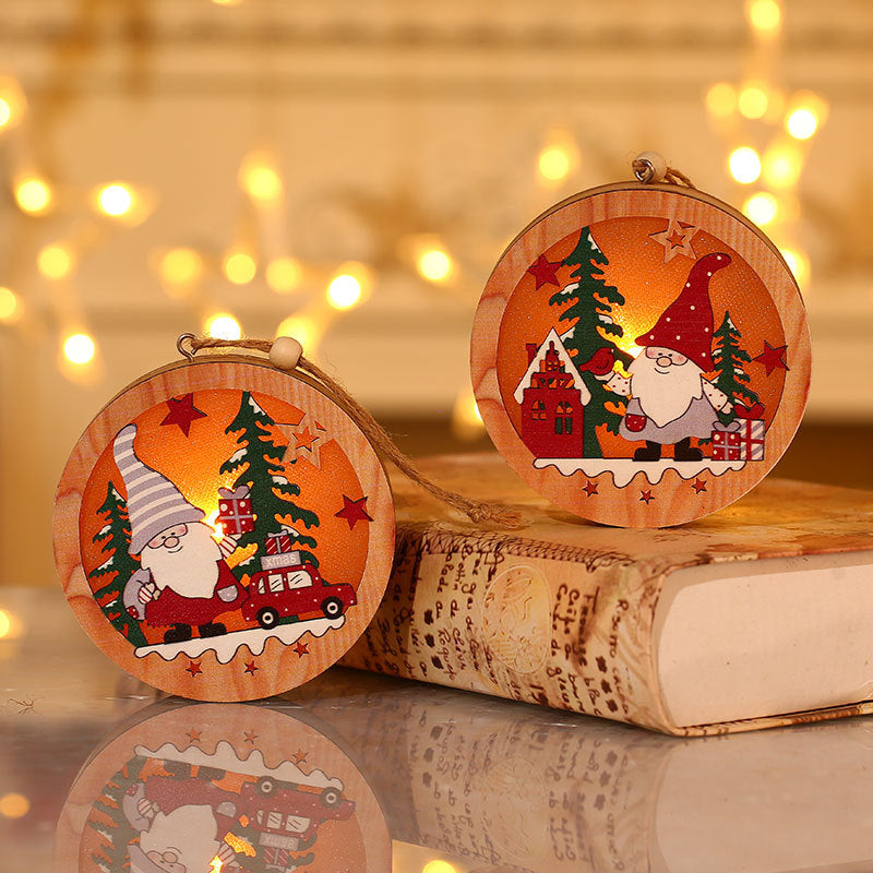 Wooden Christmas Tree Ornaments with Gnome and Santa Cutouts | Star or Round Shape on a Hanging String | 2 Colorways