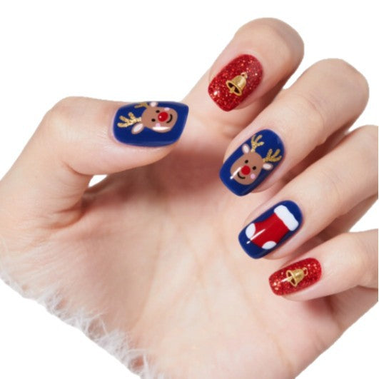 Reindeer Nails in Red and Blue | Christmas Press On Set with Bell Motifs | Short Square Tips, Easy To Apply