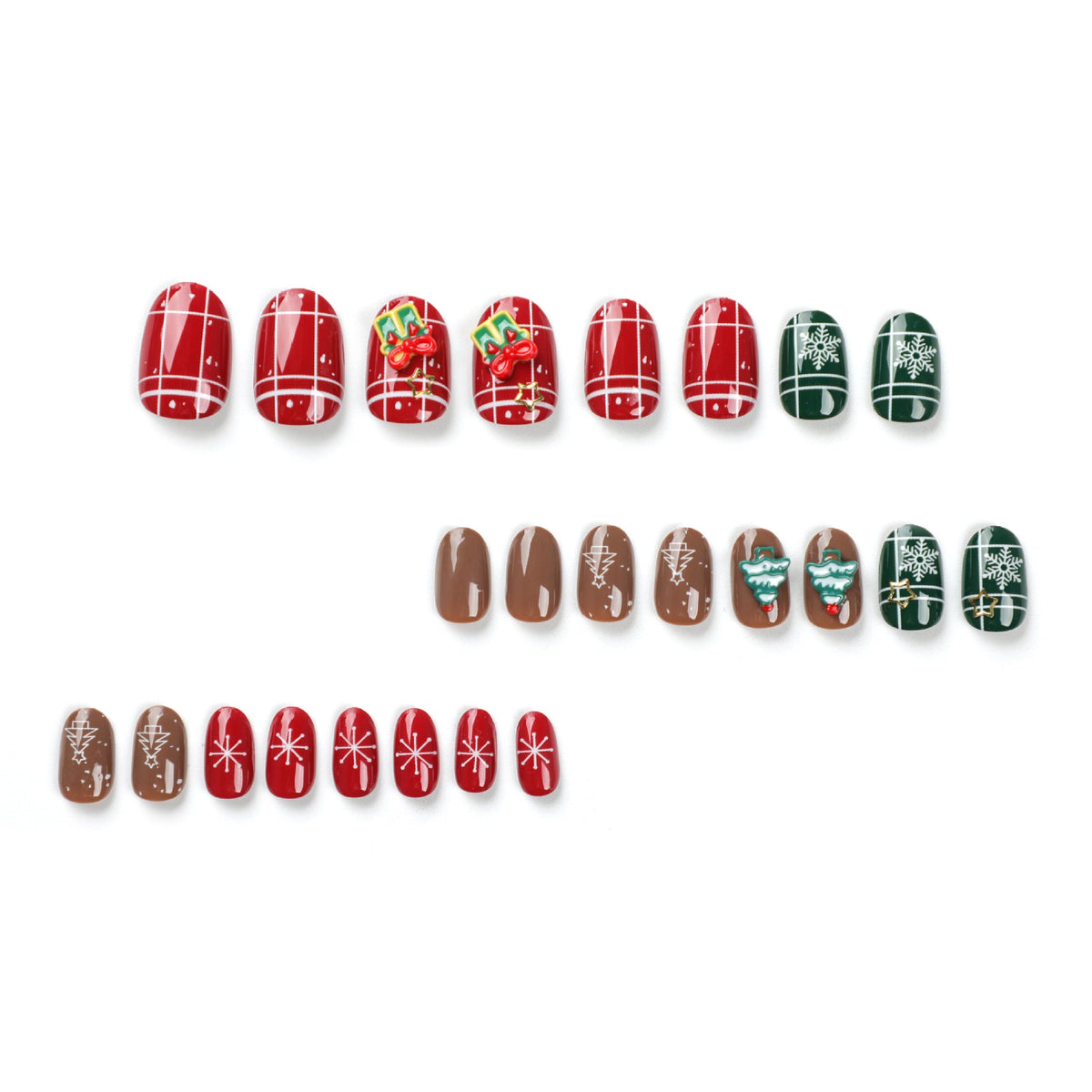 Christmas Plaid Nails with Tree and Gift Art | Short Round Press On Tips | Red, Green and Taupe Festive Shades