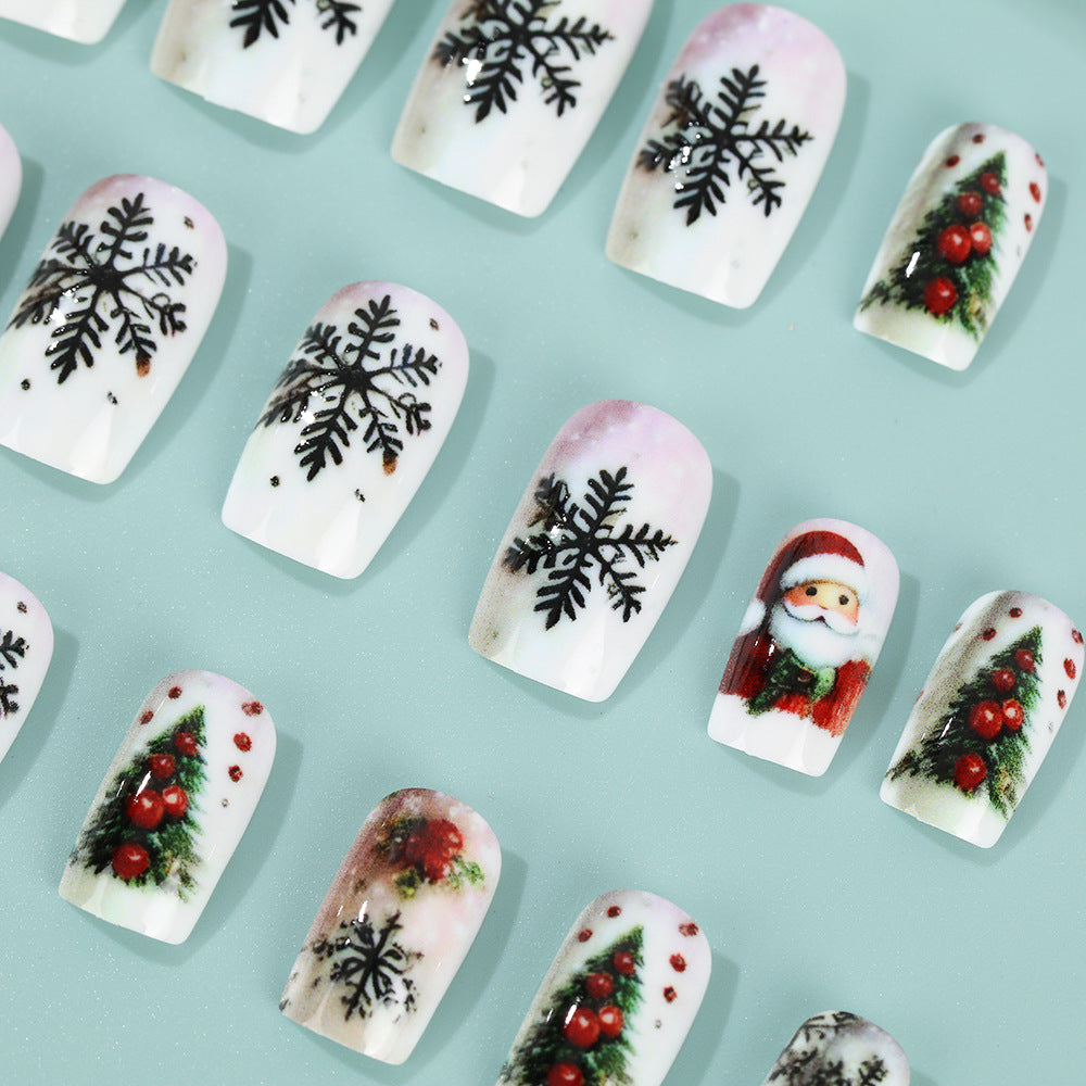 Festive Nails with Christmas Trees and Snowflakes | Press On Nail Set in White | Xmas Manicure for Family Photos