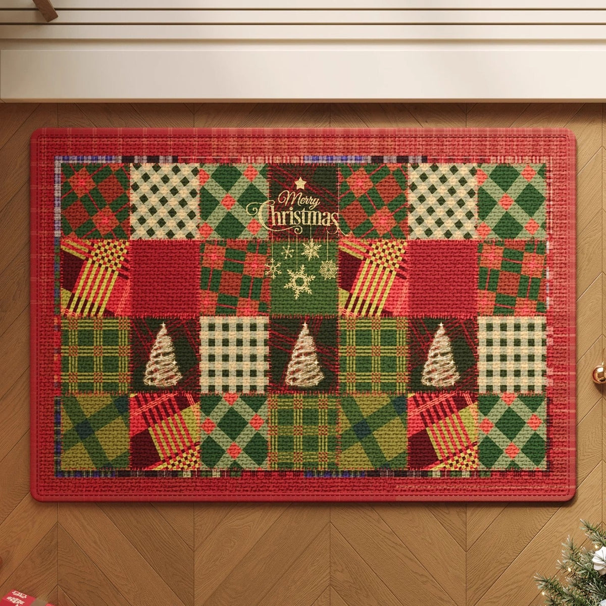 Gingerbread Christmas Door Mat with Snowflake Print | Non-Slip Weather Resistant Fibers | Indoor Outdoor Holiday Decor