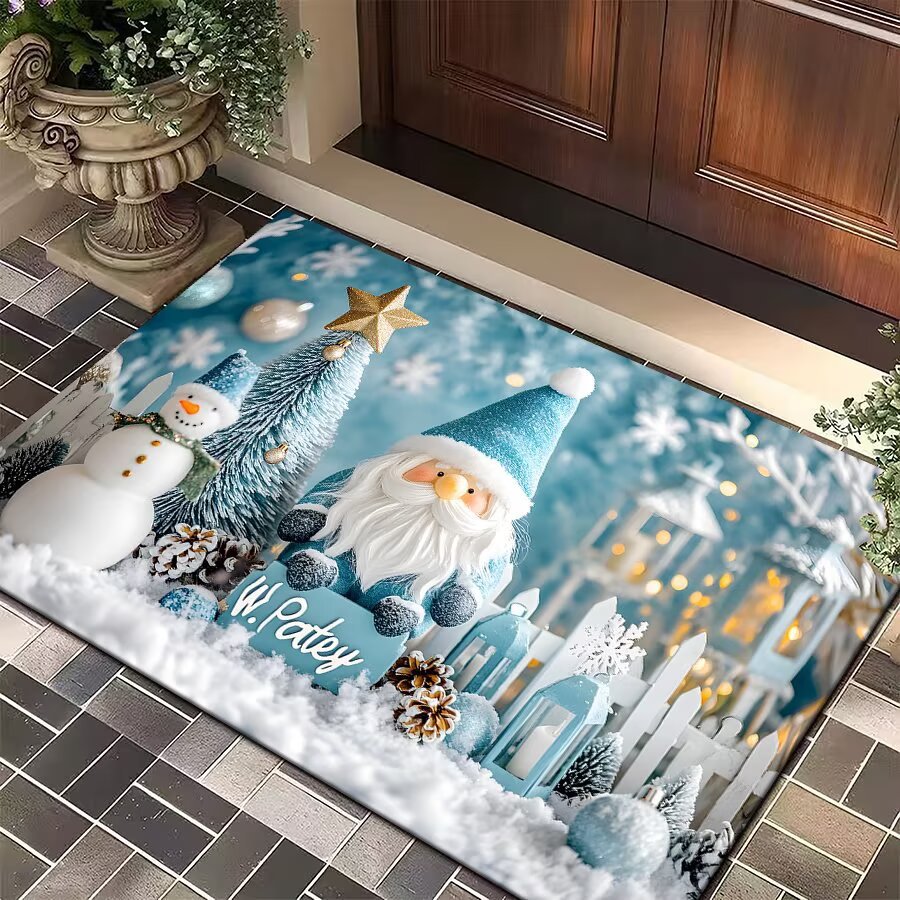 Christmas Door Mat with Santa, Reindeer and Ornaments | Festive Xmas Welcome Rug for the Porch | Holiday Entrance Decor