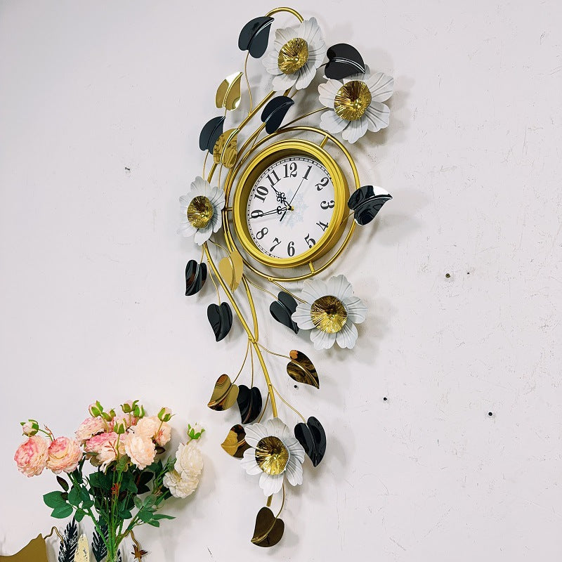 Floral Metal Wall Clock with Gold and White Blossoms | Decorative Art Piece with an Easy-Read Dial | 43 x 22 in