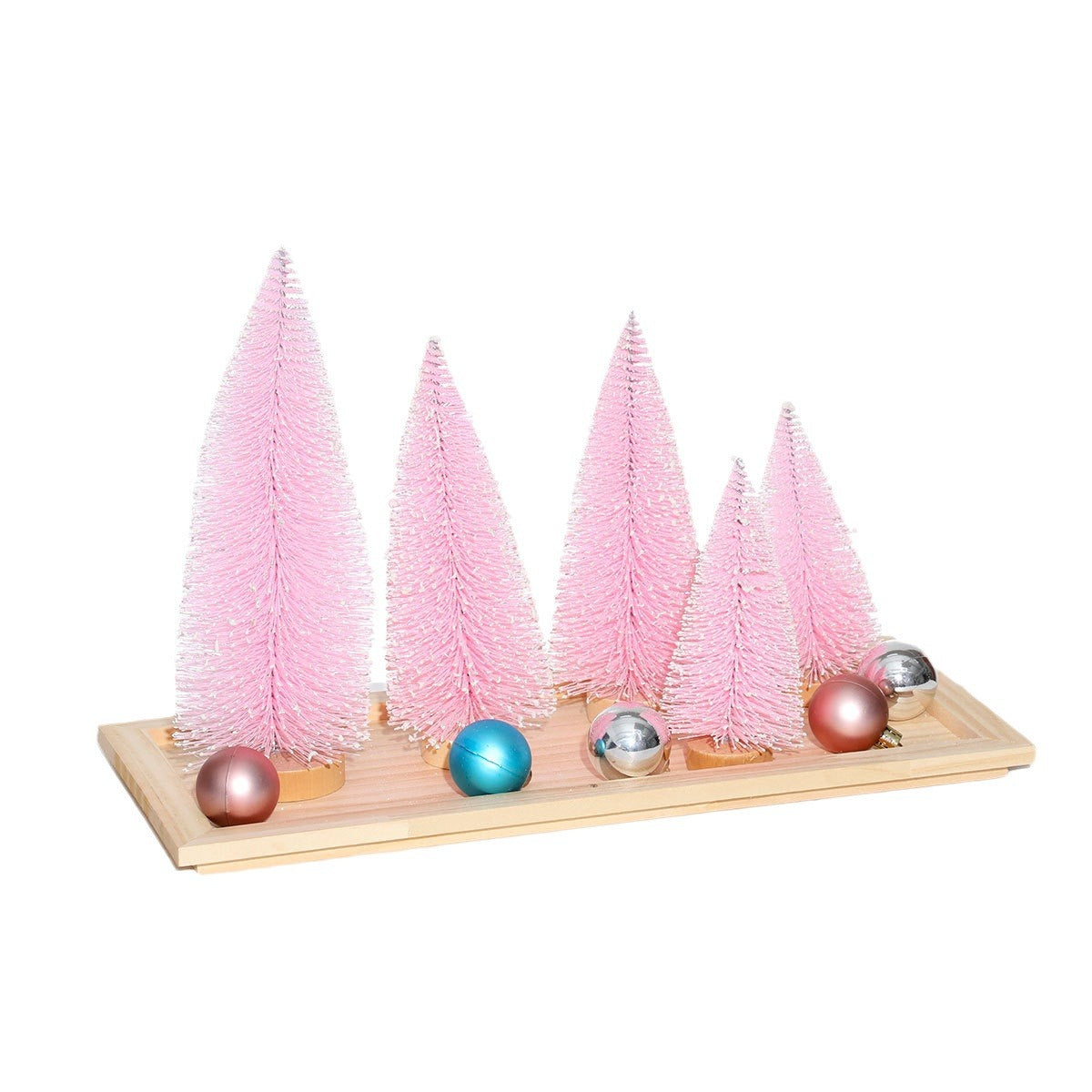 Mini Christmas Tree Set of Five with Warm White Lights | Natural Wood Base | Tabletop and Mantel Holiday Decorations