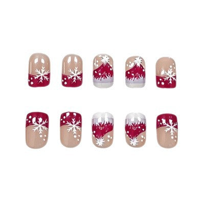 Red Christmas Press-On Nails with Glitter French Tips | Delicate Snowflake Detail | Comfortable Fit for Gatherings