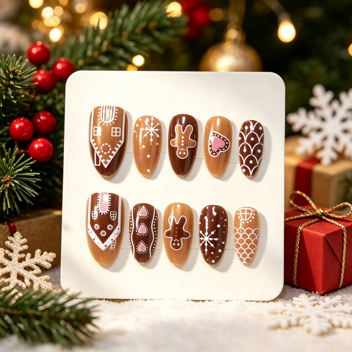 Gingerbread Nails with Festive Christmas Motifs | Press On Nail Designs for Winter | Easy Holiday Manicure at Home