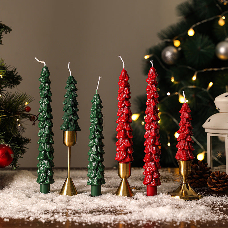 Sculpted Pine Christmas Tree Candles with Brass Finish Holders | Trio Set in Graduated Heights | Festive Table Centerpieces