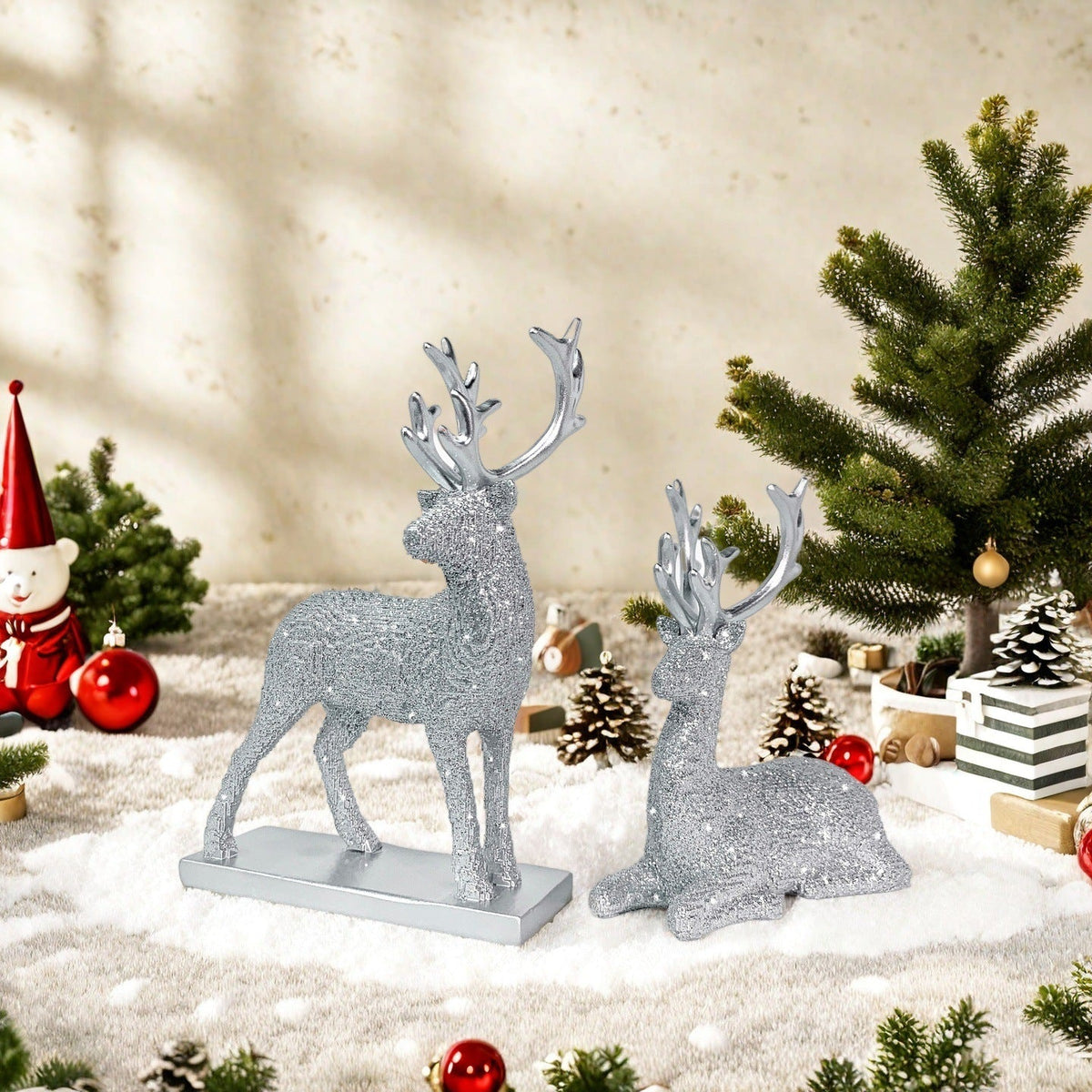 Glittering Reindeer Figurine for Christmas | Deer Decor in Gold, Red or Silver | Sparkling Accent for Shelf and Mantel